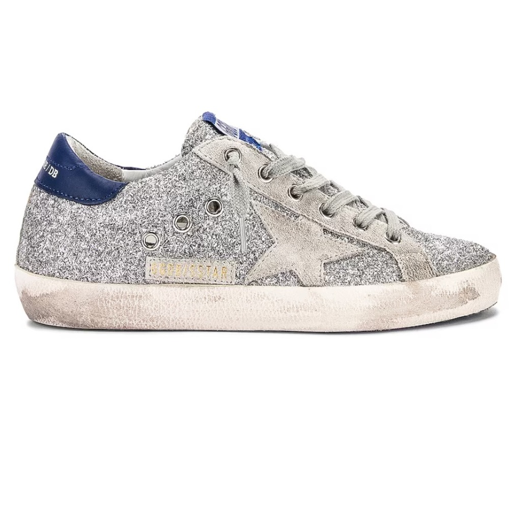 Golden Goose Superstar Sneakers in Silver Glitter / Navy